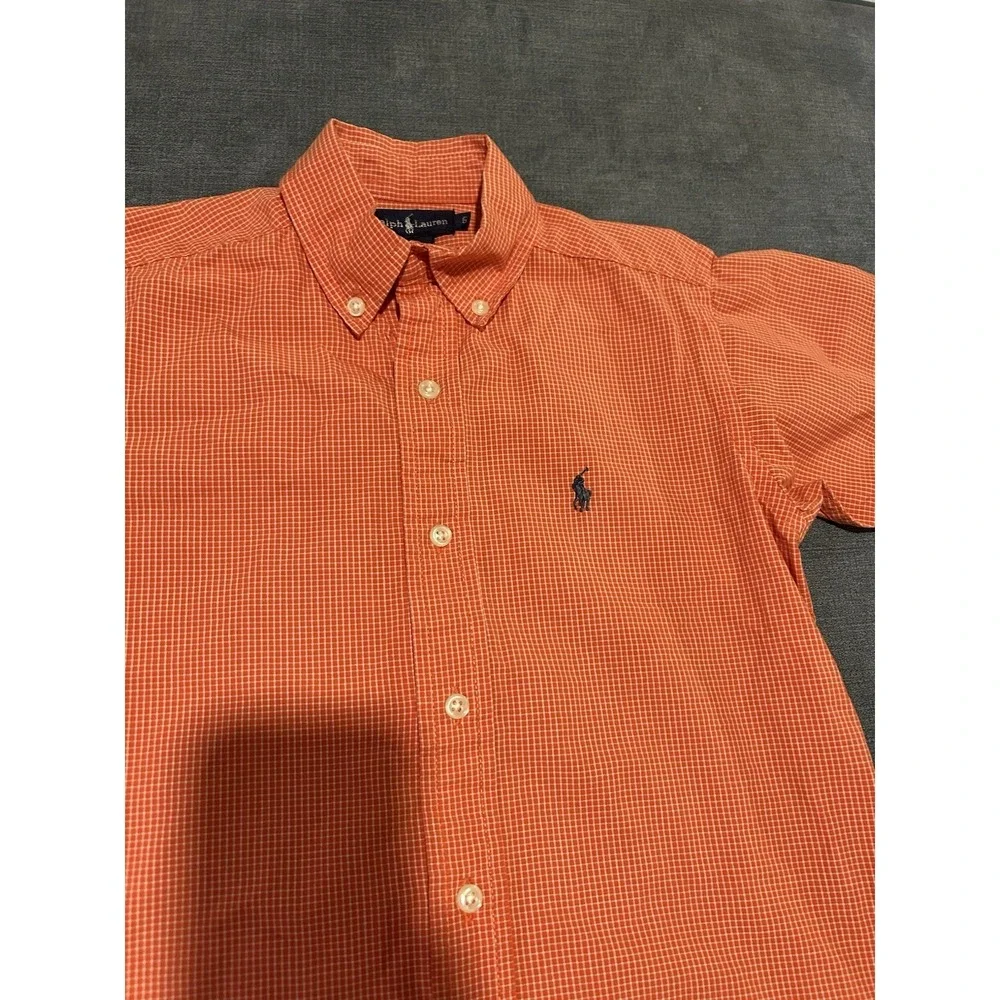 Ralph Lauren Boys Button Down Shirt Size 6 Orange Gingham Blue Pony Short Sleeve